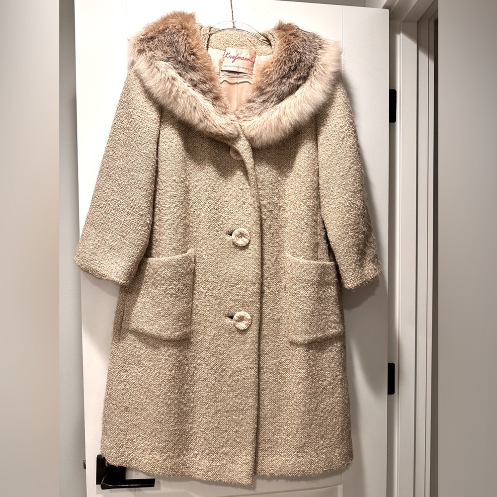 Vintage Kauffman fur collar tweed beige coat size large